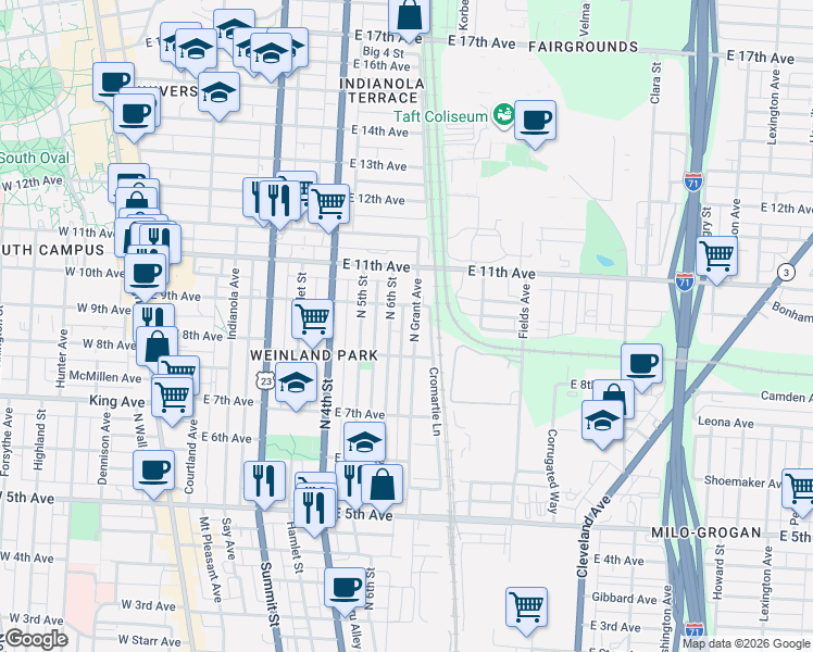 map of restaurants, bars, coffee shops, grocery stores, and more near 1444 North 6th Street in Columbus