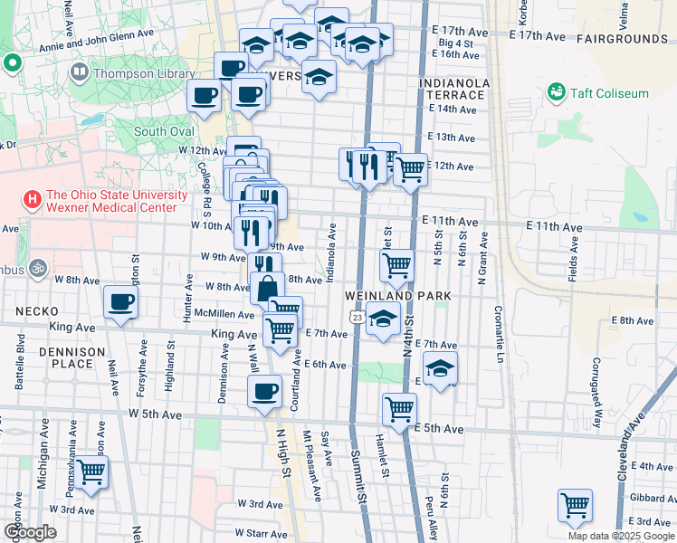 map of restaurants, bars, coffee shops, grocery stores, and more near 1469 Peters Alley in Columbus