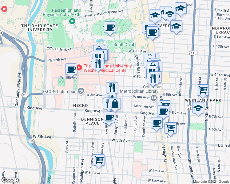 map of restaurants, bars, coffee shops, grocery stores, and more near 173 West 9th Avenue in Columbus