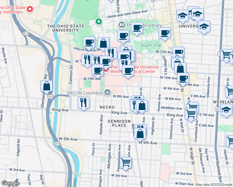map of restaurants, bars, coffee shops, grocery stores, and more near 337 West 9th Avenue in Columbus