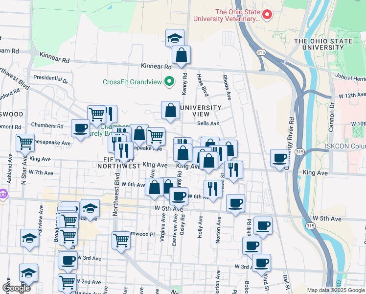 map of restaurants, bars, coffee shops, grocery stores, and more near 1672 Kenny Road in Columbus