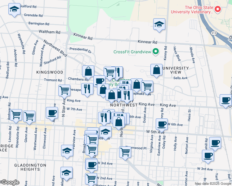 map of restaurants, bars, coffee shops, grocery stores, and more near 1697 Northwest Boulevard in Columbus