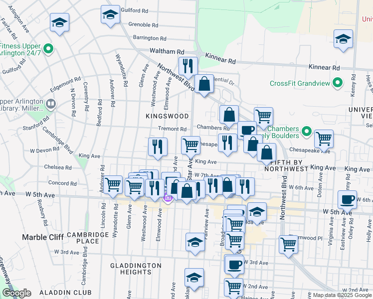 map of restaurants, bars, coffee shops, grocery stores, and more near 1737 North Star Road in Columbus