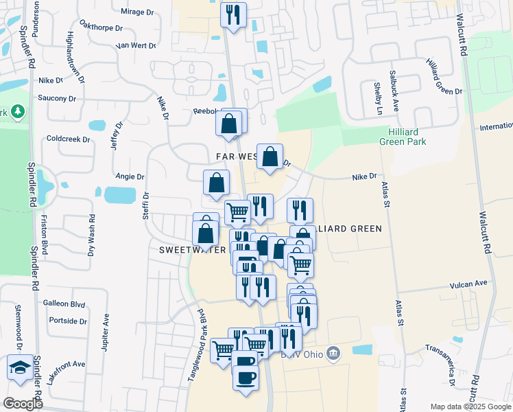 map of restaurants, bars, coffee shops, grocery stores, and more near 2098 Larkspur Court in Columbus