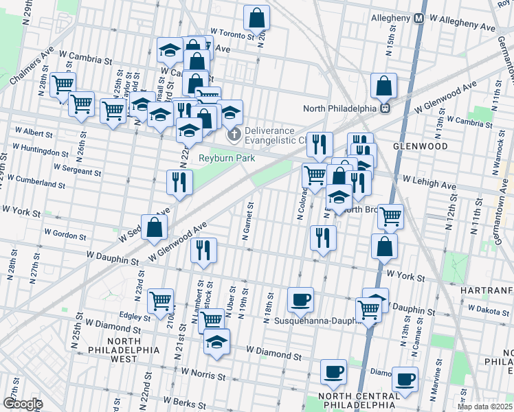 map of restaurants, bars, coffee shops, grocery stores, and more near 2526 North 19th Street in Philadelphia