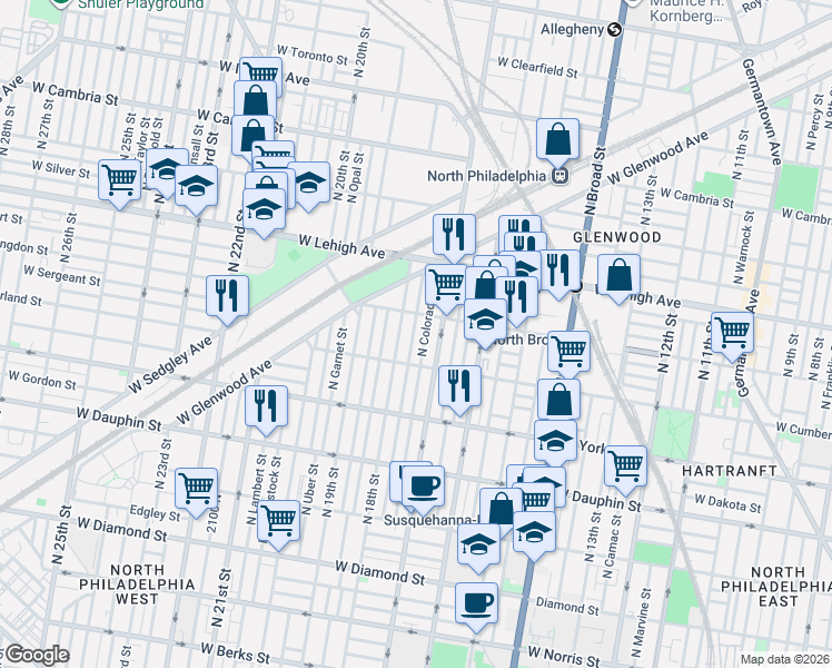 map of restaurants, bars, coffee shops, grocery stores, and more near 1716 West Huntingdon Street in Philadelphia
