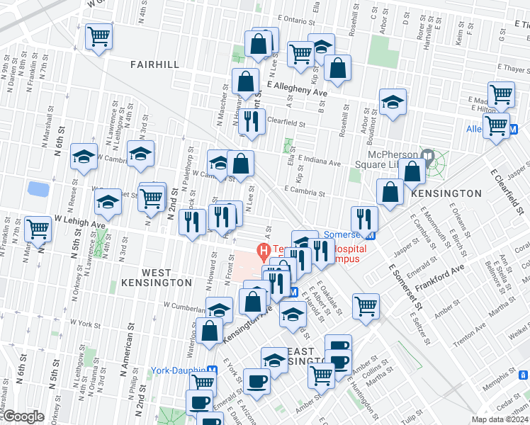 map of restaurants, bars, coffee shops, grocery stores, and more near 2809 North Swanson Street in Philadelphia