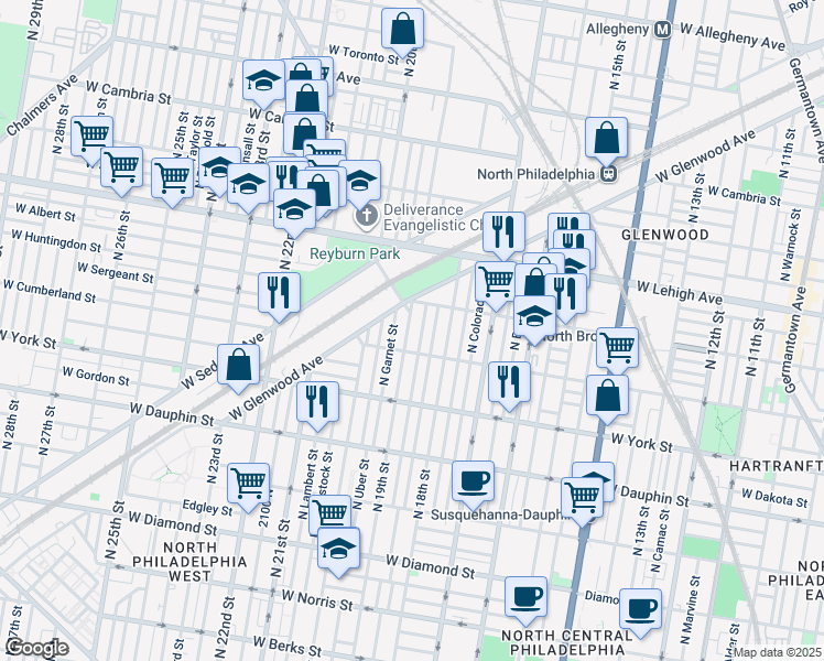 map of restaurants, bars, coffee shops, grocery stores, and more near 2527 North 19th Street in Philadelphia
