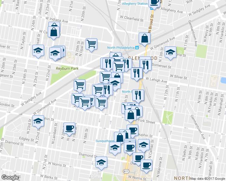 map of restaurants, bars, coffee shops, grocery stores, and more near 2557 North Bancroft Street in Philadelphia