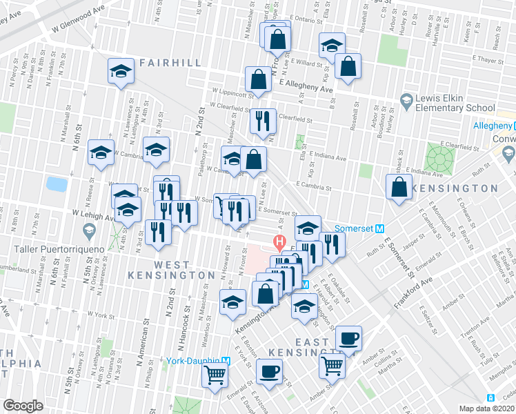 map of restaurants, bars, coffee shops, grocery stores, and more near 2800 North Lee Street in Philadelphia