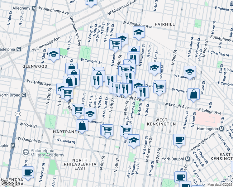 map of restaurants, bars, coffee shops, grocery stores, and more near 537 West Lehigh Avenue in Philadelphia