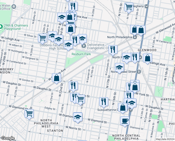 map of restaurants, bars, coffee shops, grocery stores, and more near 2523 North Opal Street in Philadelphia