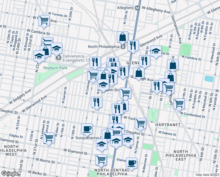 map of restaurants, bars, coffee shops, grocery stores, and more near 2563 North Sydenham Street in Philadelphia