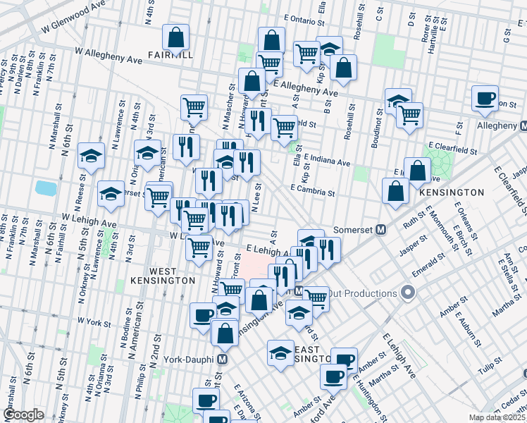 map of restaurants, bars, coffee shops, grocery stores, and more near 2807 North Water Street in Philadelphia