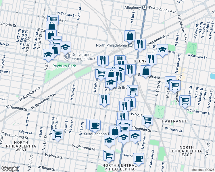 map of restaurants, bars, coffee shops, grocery stores, and more near 2557 North Bancroft Street in Philadelphia
