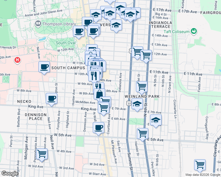 map of restaurants, bars, coffee shops, grocery stores, and more near 70 East 8th Avenue in Columbus
