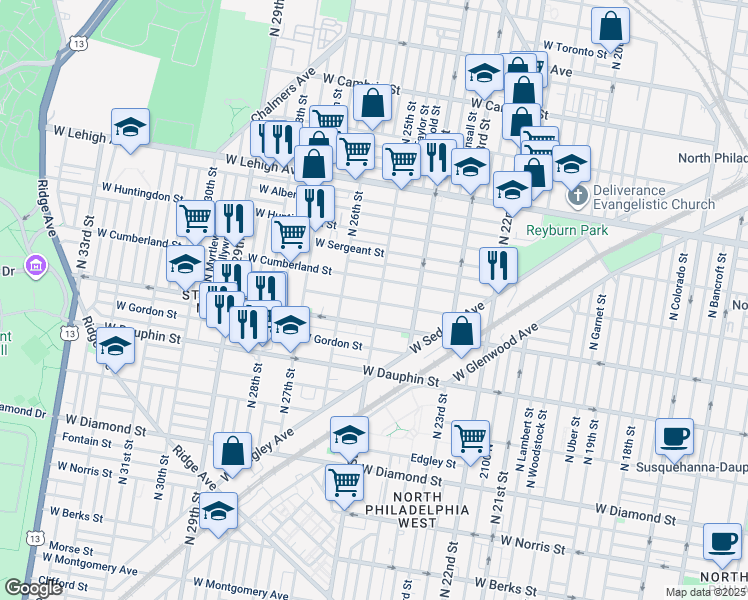map of restaurants, bars, coffee shops, grocery stores, and more near 2430 North 25th Street in Philadelphia