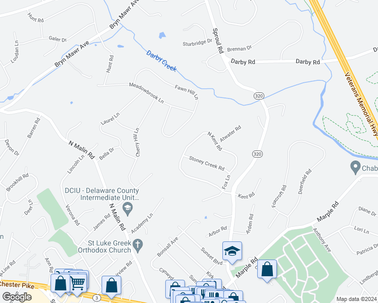 map of restaurants, bars, coffee shops, grocery stores, and more near 2741 Stoney Creek Road in Broomall