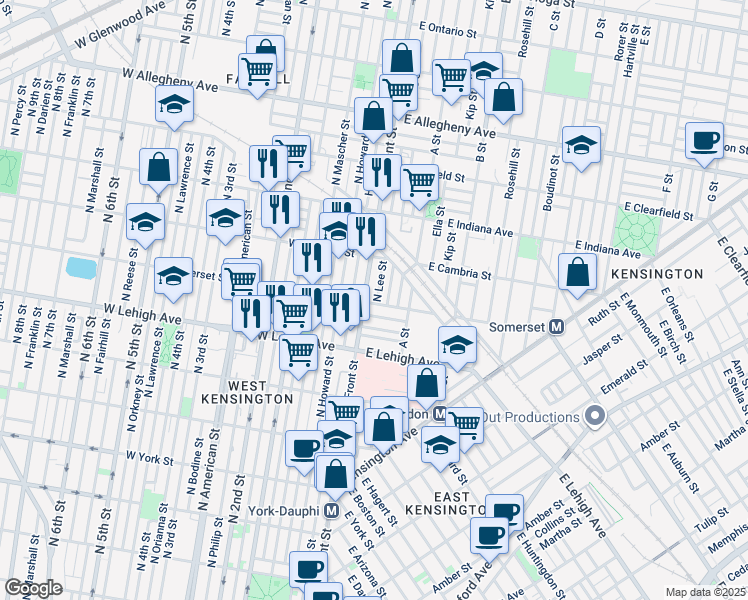map of restaurants, bars, coffee shops, grocery stores, and more near 2800 North Lee Street in Philadelphia