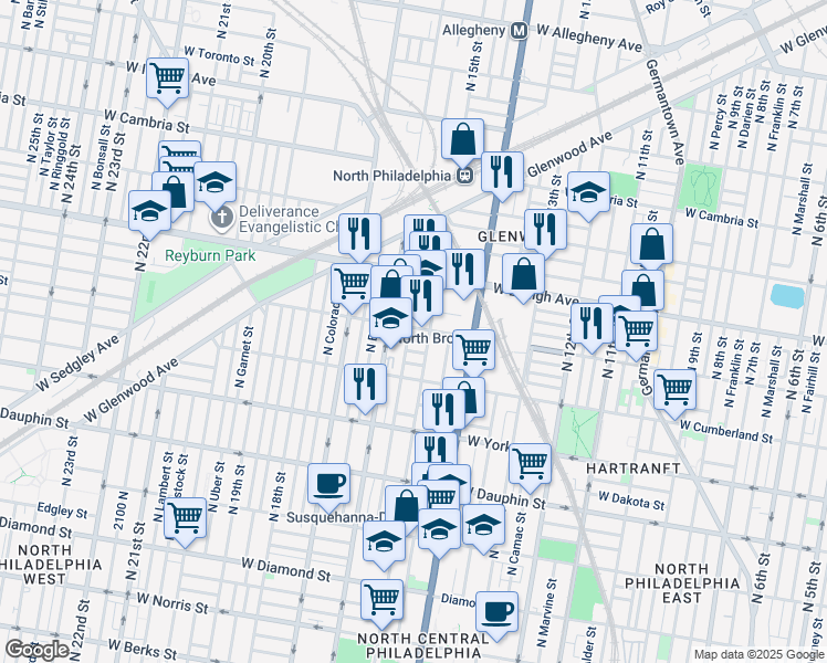 map of restaurants, bars, coffee shops, grocery stores, and more near 2563 North Sydenham Street in Philadelphia