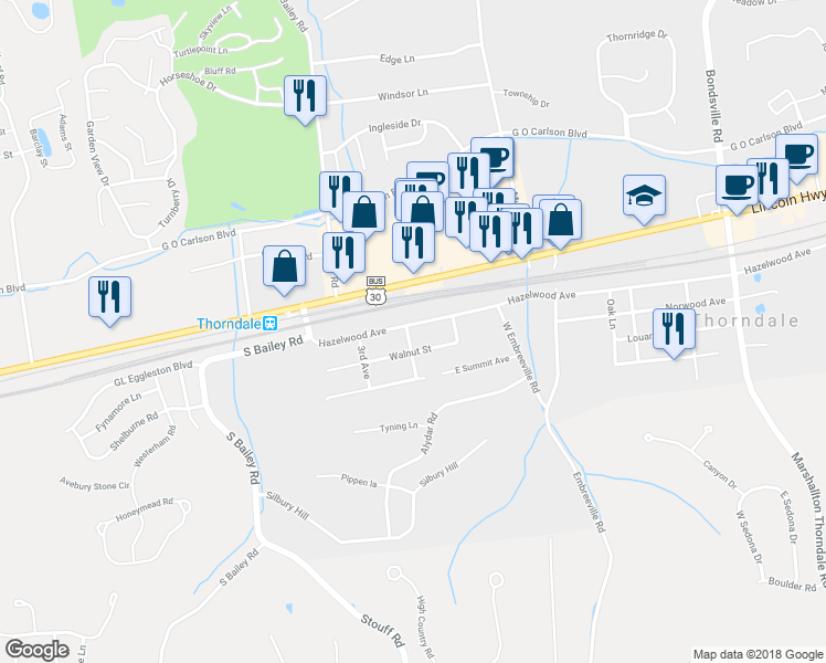 map of restaurants, bars, coffee shops, grocery stores, and more near 3254 Hazelwood Avenue in Downingtown