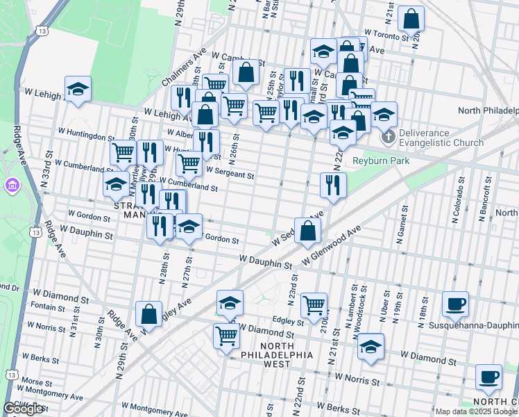 map of restaurants, bars, coffee shops, grocery stores, and more near 2433 West Hagert Street in Philadelphia