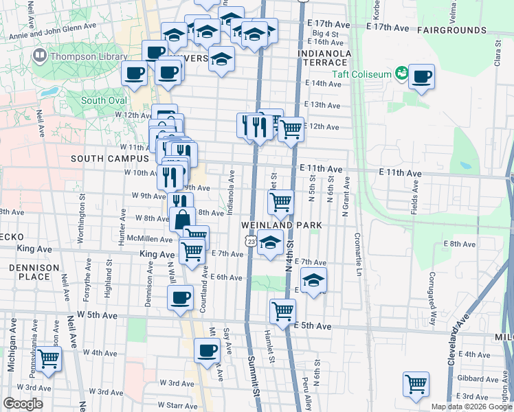 map of restaurants, bars, coffee shops, grocery stores, and more near in Columbus