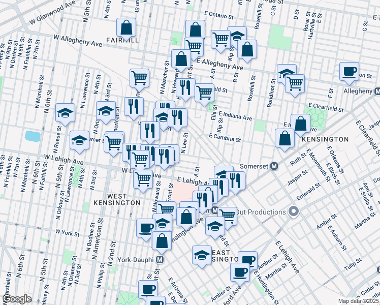 map of restaurants, bars, coffee shops, grocery stores, and more near 2807 North Water Street in Philadelphia