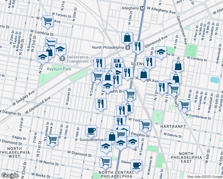 map of restaurants, bars, coffee shops, grocery stores, and more near 2562 North Sydenham Street in Philadelphia