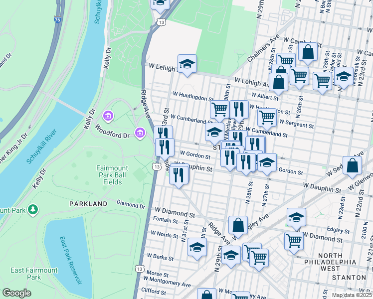 map of restaurants, bars, coffee shops, grocery stores, and more near 3136 West Arizona Street in Philadelphia