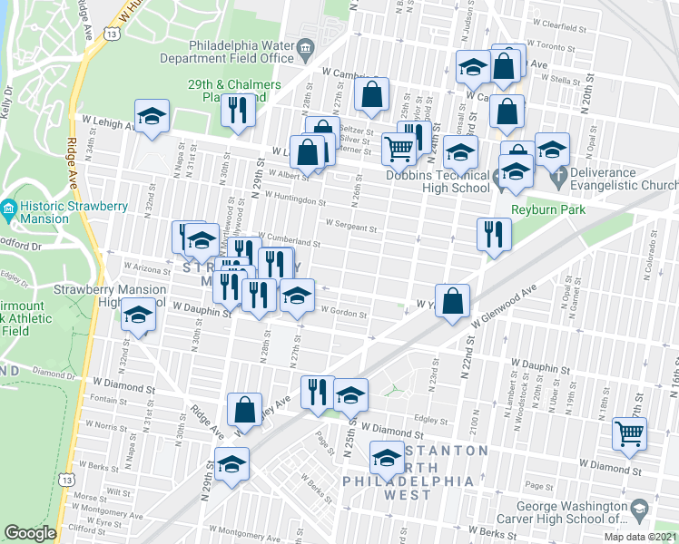 map of restaurants, bars, coffee shops, grocery stores, and more near 2428 North 26th Street in Philadelphia