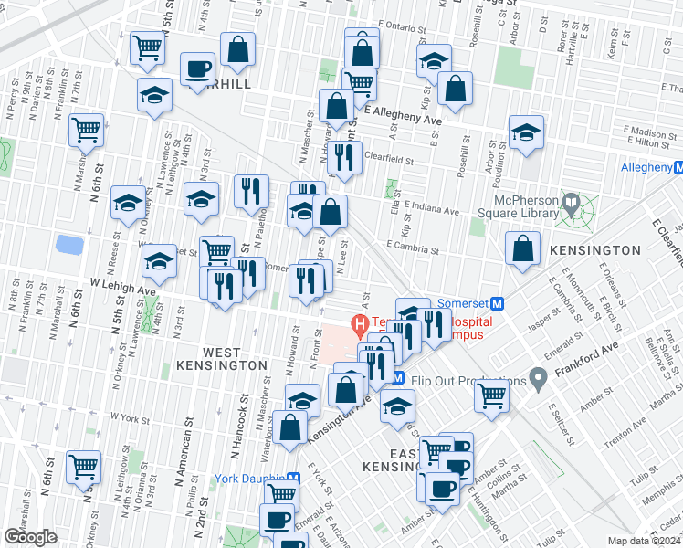 map of restaurants, bars, coffee shops, grocery stores, and more near 2805 North Lee Street in Philadelphia