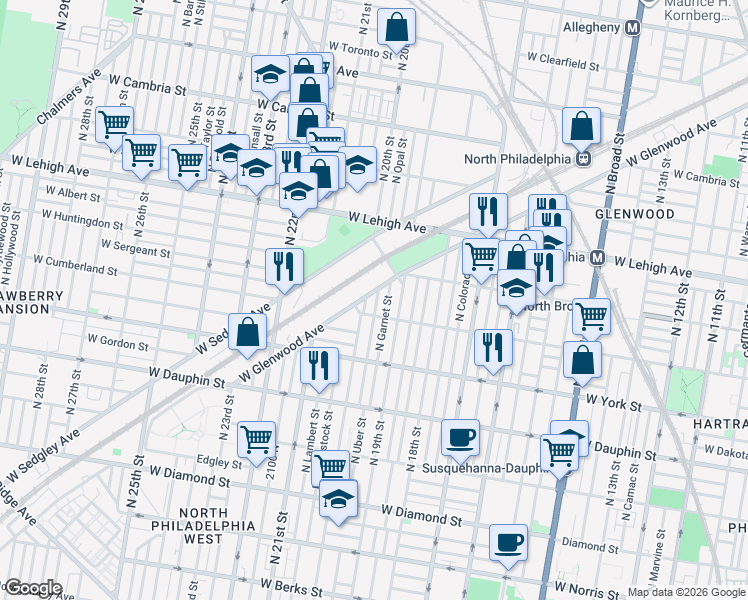 map of restaurants, bars, coffee shops, grocery stores, and more near 2546 North Garnet Street in Philadelphia