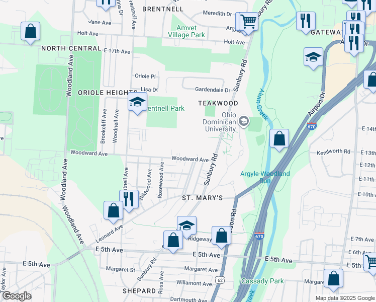 map of restaurants, bars, coffee shops, grocery stores, and more near 2276 Woodward Ave in Columbus