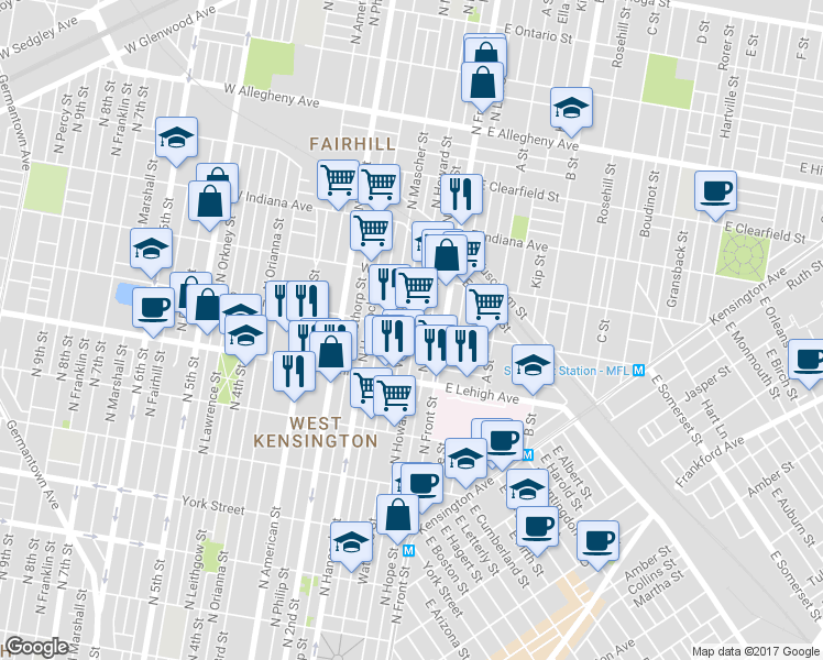 map of restaurants, bars, coffee shops, grocery stores, and more near 2770 North Howard Street in Philadelphia