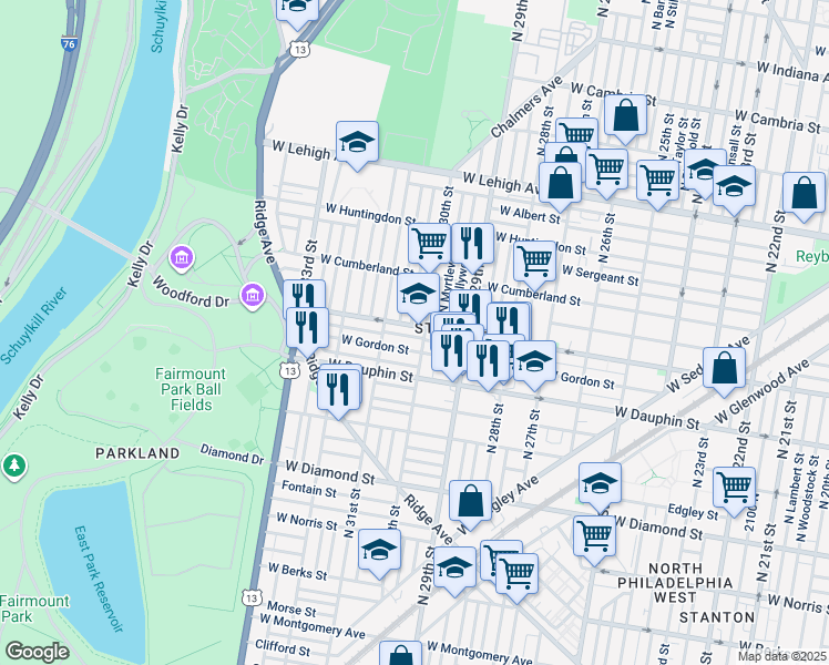 map of restaurants, bars, coffee shops, grocery stores, and more near 3010 West York Street in Philadelphia