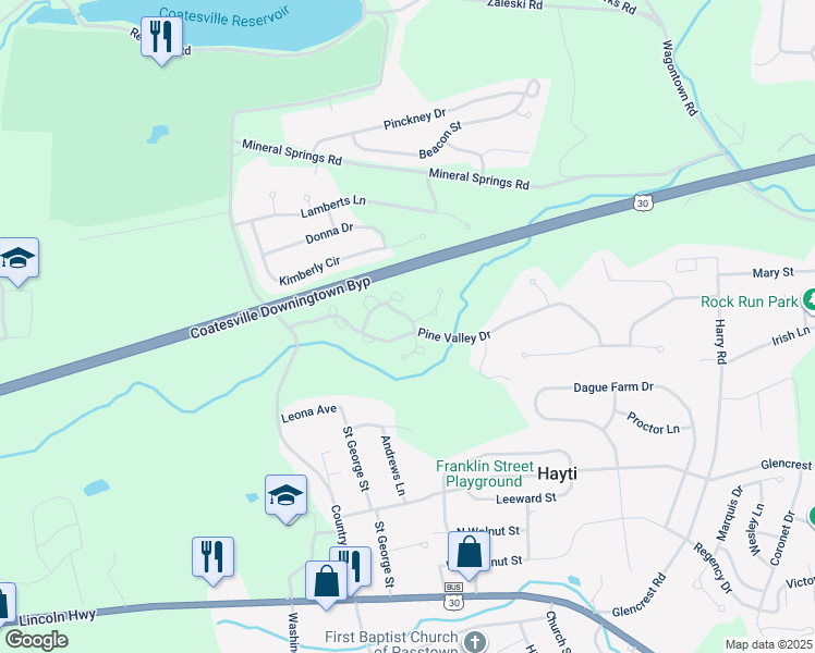 map of restaurants, bars, coffee shops, grocery stores, and more near 53 Winged Foot Drive in Coatesville