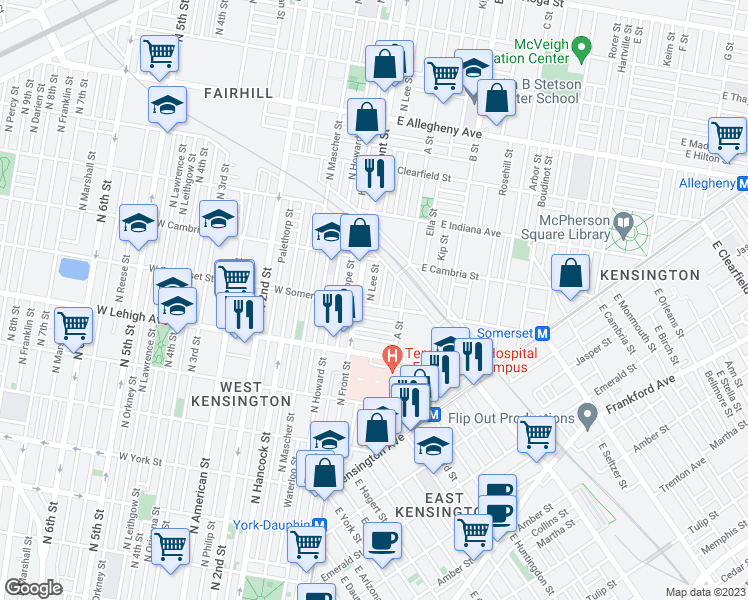 map of restaurants, bars, coffee shops, grocery stores, and more near 2805 North Lee Street in Philadelphia