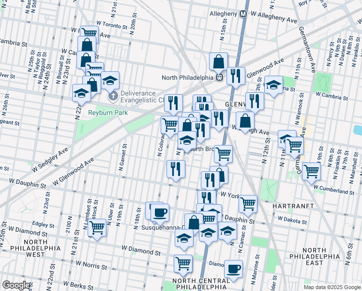 map of restaurants, bars, coffee shops, grocery stores, and more near 2559 North Bancroft Street in Philadelphia
