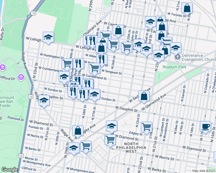 map of restaurants, bars, coffee shops, grocery stores, and more near 2428 North 26th Street in Philadelphia