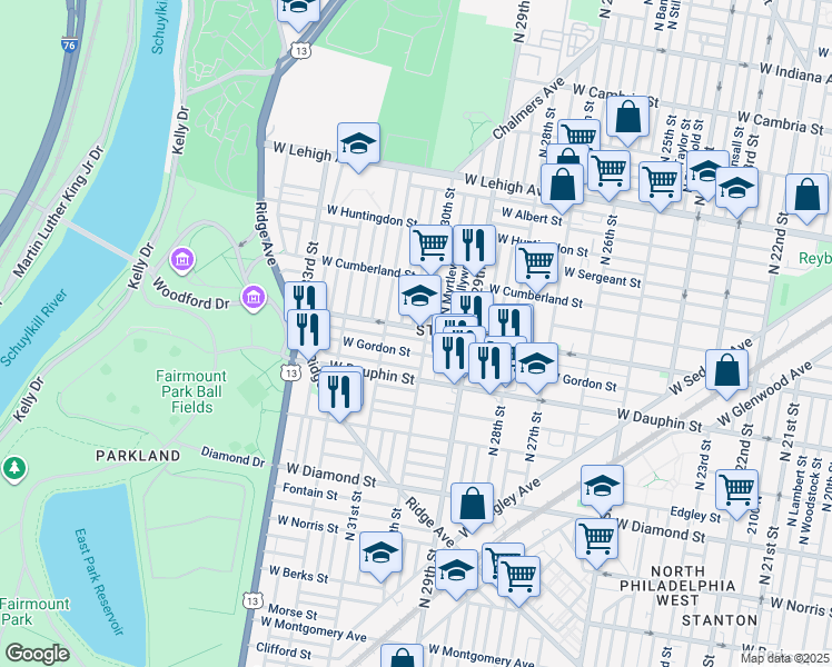map of restaurants, bars, coffee shops, grocery stores, and more near 3010 West York Street in Philadelphia
