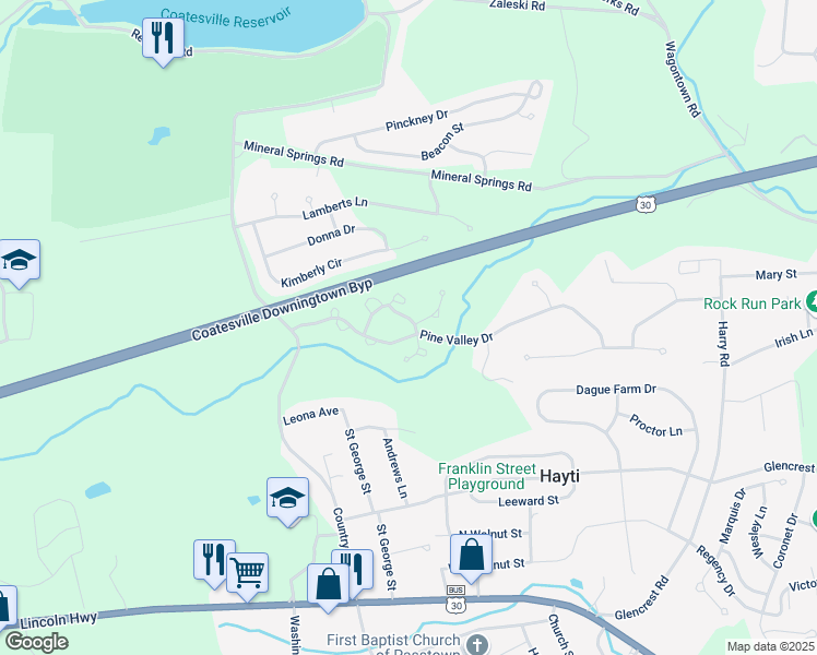 map of restaurants, bars, coffee shops, grocery stores, and more near 53 Winged Foot Drive in Coatesville