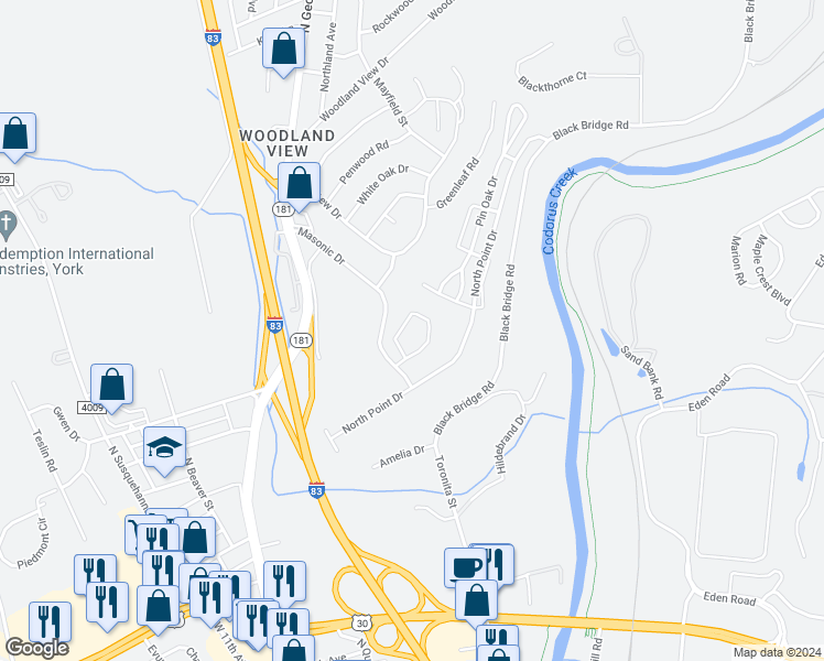 map of restaurants, bars, coffee shops, grocery stores, and more near 2310 Slater Hill Lane East in York