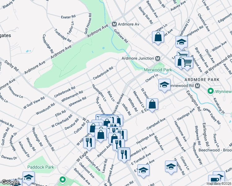 map of restaurants, bars, coffee shops, grocery stores, and more near 2612 Saint Davids Lane in Ardmore