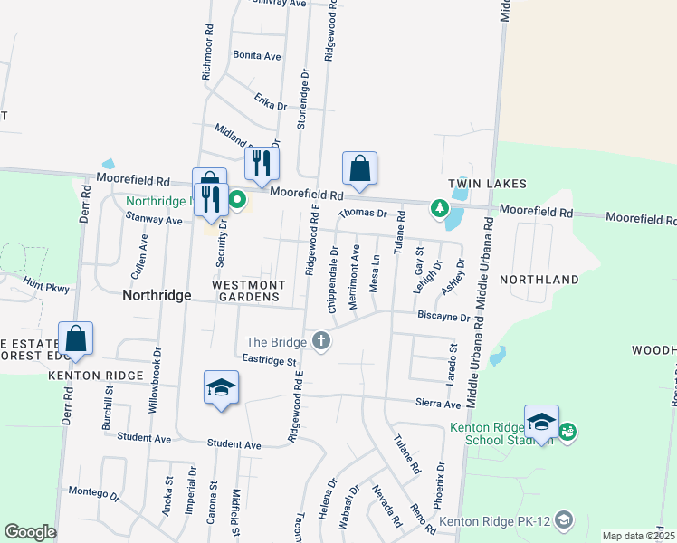map of restaurants, bars, coffee shops, grocery stores, and more near 4825 Chippendale Drive in Springfield