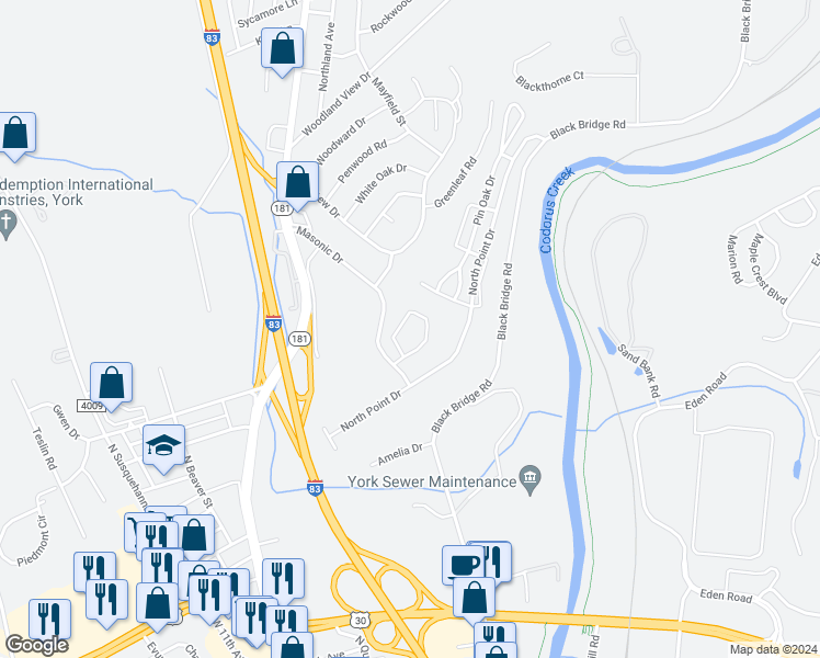 map of restaurants, bars, coffee shops, grocery stores, and more near 2206 Slater Hill Lane West in York