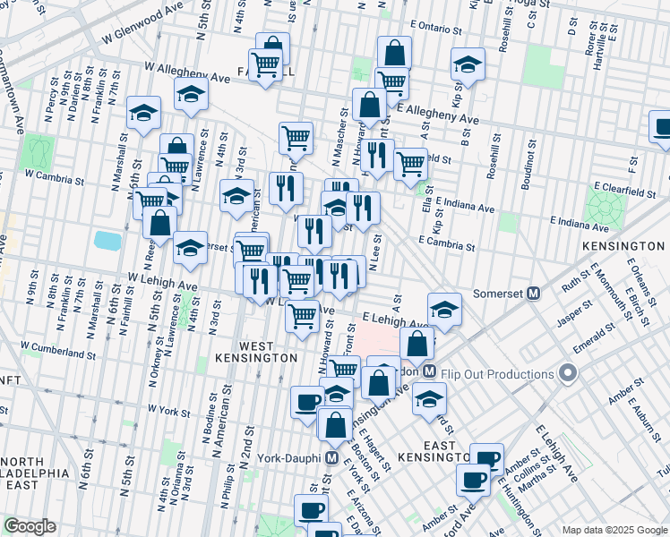 map of restaurants, bars, coffee shops, grocery stores, and more near 2770 North Howard Street in Philadelphia