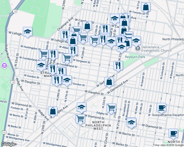 map of restaurants, bars, coffee shops, grocery stores, and more near 2433 West Hagert Street in Philadelphia