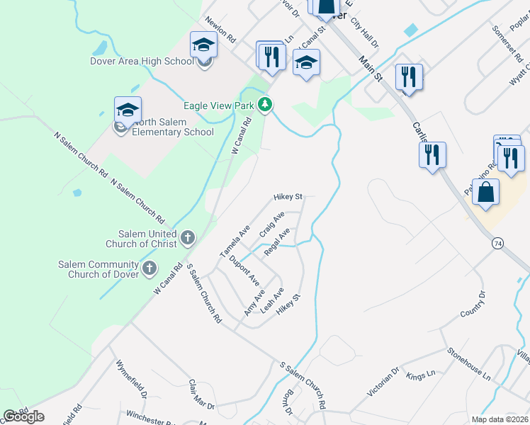 map of restaurants, bars, coffee shops, grocery stores, and more near 2624 Tamela Avenue in Dover