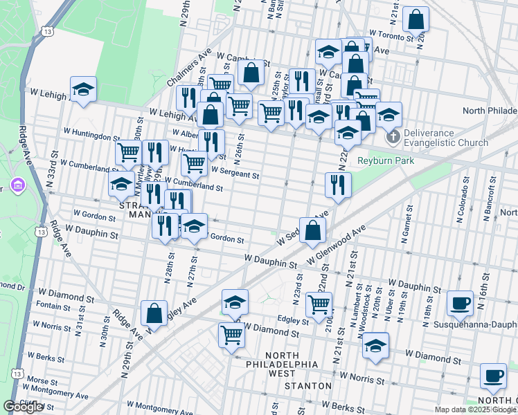 map of restaurants, bars, coffee shops, grocery stores, and more near 2434 West Cumberland Street in Philadelphia